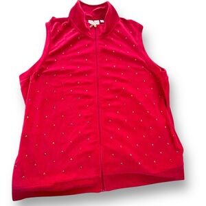 Quaker Factory Red Velour Multi-color Rhinestones Full Zip Vest Women’s Size 2X